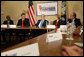 President George W. Bush participates in a roundtable discussion on the economy with local business leaders from Alexandria, Louisiana Monday, Oct. 20, 2008, at the Central Louisiana Chamber of Commerce in Alexandria, Louisiana. The President delivered a statement on the Emergency Economic Stabilization Act and the Department of the Treasury's Troubled Asset Relief Plan. Joining the President from left to right, Martin Johnson, Lance Harris, Grace Allen, and Blake Chatelain White House photo by Chris Greenberg