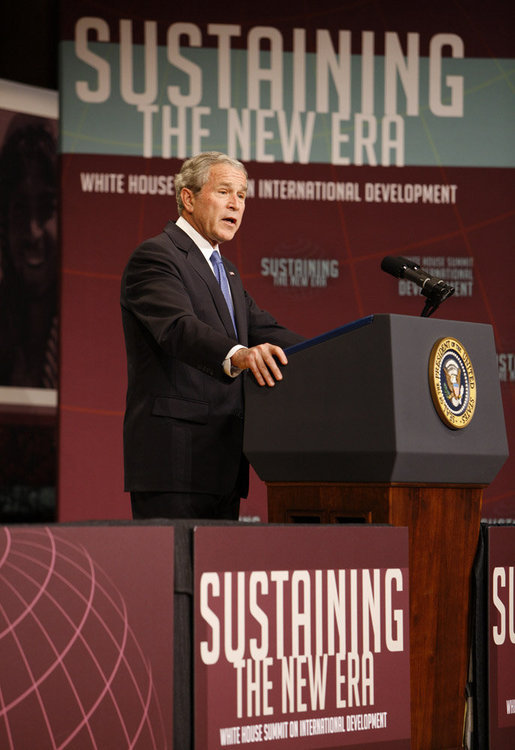 President George W. Bush delivers remarks at the White House Summit on International Development Tuesday, Oct. 21, 2008, in Washington, D.C. President Bush said during his remarks, "History shows what happens when America combines our great compassion with our steadfast determination.We are a compassionate people and we are a determined people." White House photo by Eric Draper