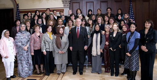 President George W. Bush meets with participants of the U.S. Middle East Partnership Initiative Thursday, Oct. 23, 2008, in the Eisenhower Executive Office Building. The participants include approximately 50 women political leaders from the Mideast and North Africa, who are given the opportunity to learn from our country's experience in electoral campaigning and affords them a chance to witness local and Presidential elections up close. White House photo by Eric Draper