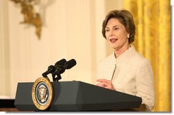 Mrs. Laura Bush addresses her remarks Monday evening, Oct. 27, 2008 in the East Room of the White House, during a celebration in honor of the 150th birthday and contributions of President Theodore Roosevelt. White House photo by Chris Greenberg