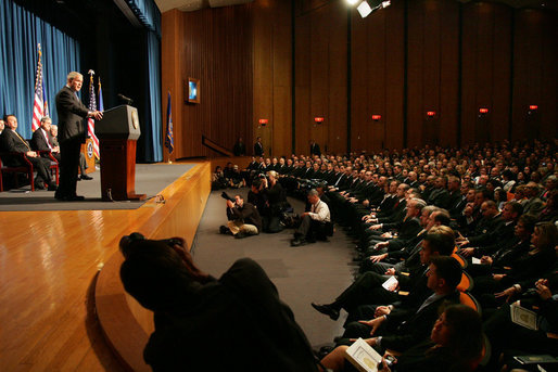 President George W. Bush addresses his remarks Thursday, Oct. 30, 2008, at the graduation ceremony for FBI special agents in Quantico, Va. President Bush congratulated the special agents on their graduation accomplishment and thanked them for stepping forward to serve their country. White House photo by Joyce N. Boghosian