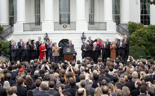 President George W. Bush speaks to employees of the Executive Office of the President Thursday, Nov. 6, 2008, about the upcoming transition. In thanking the staff, the President said, "The people on this lawn represent diverse backgrounds, talents, and experiences. Yet we all share a steadfast devotion to the United States. We believe that service to our fellow citizens is a noble calling -- and the privilege of a lifetime." White House photo by Joyce N. Boghosian