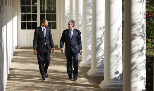 President George W. Bush and President-elect Barack Obama walk the Colonnade to the Oval Office Monday, Nov. 10, 2008, as the President and Mrs. Laura Bush welcomed the President-elect and his wife, Michelle, to the White House. White House photo by Eric Draper