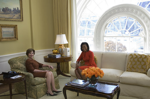 Mrs. Laura Bush and Mrs. Michelle Obama sit in the private residence of the White House Monday, Nov. 10, 2008, after the President-elect and Mrs. Obama arrived for a visit. White House photo by Joyce N. Boghosian