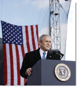 President George W. Bush addresses his remarks in honor of Veteran's Day Tuesday, Nov. 11, 2008, at the rededication ceremony of the Intrepid Sea, Air and Space Museum in New York.  White House photo by Eric Draper