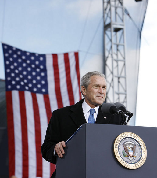 President George W. Bush addresses his remarks in honor of Veteran's Day Tuesday, Nov. 11, 2008, at the rededication ceremony of the Intrepid Sea, Air and Space Museum in New York. White House photo by Eric Draper