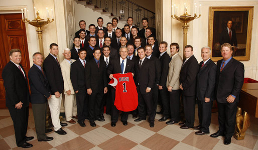 President George W. Bush poses with members of the Fresno State Baseball Team Wednesday, Nov. 12, 2008, during a photo opportunity with 2008 NCAA Sports Champions at the White House. White House photo by Eric Draper