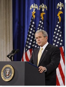 President George W. Bush addresses his remarks on financial markets and the world economy Thursday, Nov. 13, 2008, at the Federal Hall National Memorial in New York. President Bush said, "While reforms in the financial sector are essential, the long-term solution to today's problems is sustained economic growth. And the surest path to that growth is free markets and free people."  White House photo by Eric Draper