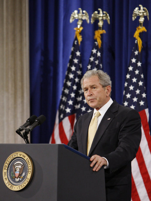 President George W. Bush addresses his remarks on financial markets and the world economy Thursday, Nov. 13, 2008, at the Federal Hall National Memorial in New York. President Bush said, "While reforms in the financial sector are essential, the long-term solution to today's problems is sustained economic growth. And the surest path to that growth is free markets and free people." White House photo by Eric Draper