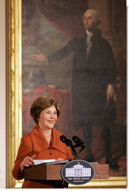 Mrs. Laura Bush delivers remarks during the Coming Up Taller Awards Friday, Nov. 14, 2008, in the East Room of the White House. Mrs. Bush stated during her remarks, "Congratulations to all the recipients of the 2008 Coming Up Taller Awards! Because of the programs you represent, young people are building the confidence to paint, dance, speak, sing and in every one of their communities, to walk taller. Thank you all very, very much." White House photo by Joyce N. Boghosian