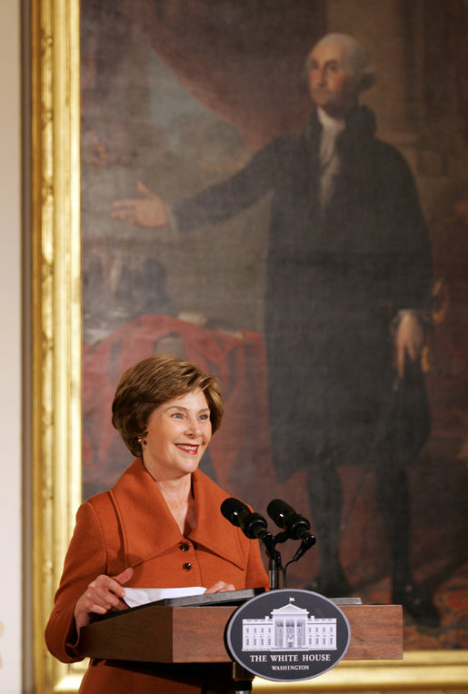 Mrs. Laura Bush delivers remarks during the Coming Up Taller Awards Friday, Nov. 14, 2008, in the East Room of the White House. Mrs. Bush stated during her remarks, "Congratulations to all the recipients of the 2008 Coming Up Taller Awards! Because of the programs you represent, young people are building the confidence to paint, dance, speak, sing and in every one of their communities, to walk taller. Thank you all very, very much." White House photo by Joyce N. Boghosian
