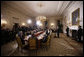 President George W. Bush offers a toast Friday, Nov. 14, 2008, at dinner with Summit on Financial Markets and World Economy participants in the State Dining Room of the White House. "In the State Dining Room tonight are representatives of major industrialized economies, some of the largest developing economies, and key international financial institutions. We are here because we share a concern about the impact of the global financial crisis on the people of our nations. We share a determination to fix the problems that led to this turmoil. We share a conviction that by working together, we can restore the global economy to the path of long-term prosperity." White House photo by Eric Draper