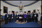 President George W. Bush and Mrs. Laura Bush stand with the recipients of the 2008 National Medal of Arts and Presidential Citizen Medal recipients in the Blue Room at the White House Monday, Nov., 17, 2008. Pictured from left, Henry 'Hank' Jones, Jr., jazz musician; Wayne Reynolds, president of the board of the Ford's Theatre Society; Stan Lee, legendary comic book creator; Paul Tetreault, director of the Ford's Theatre Society; Olivia de Havilland, actress; Carla Maxwell, artistic director of Jose Limon Dance Foundation; Hazel O'Leary, president of Fisk University and Paul Kwami, musical director for Fisk University Jubilee Singers; Dana Gioia, chairman of the National Endowment for the Arts; Adair Wakefield Margo, chairman for the President's Committee on Arts and Humanities; Jesus Moroles, sculptor; and Robert Capanna, of the Presser Foundation.  White House photo by Chris Greenberg
