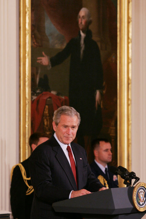 President George W. Bush welcomes the award recipients to the presentation of the 2008 National Medal of Arts and 2008 National Humanities Medal, honoring those for their outstanding contributions to the arts, and the preservation and education of the humanities in America. White House photo by Joyce N. Boghosian