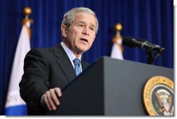 President George W. Bush addresses his remarks at the U.S. Transportation Department in Washington, D.C., Tuesday, Nov. 18, 2008, where Preident Bush announced an expansion of the U.S. airpspace for civilian flights, the "Thanksgiving Express Lanes," to now include areas of the Midwest, Southwest and the West Coast to reduce holiday airline delays. White House photo by Chris Greenberg