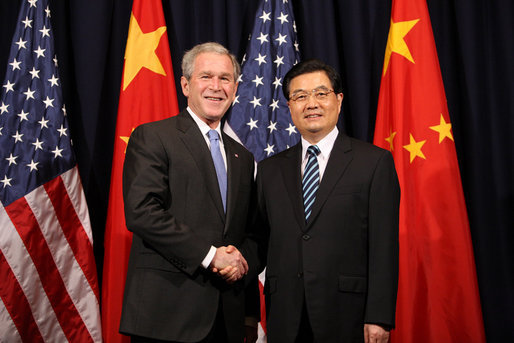 President George W. Bush participates in a greeting with Hu Jintao, President of the People's Republic of China, prior to the start of their meeting Friday, Nov. 21, 2008 in Lima, Peru. President Bush is in Lima to attend the APEC Peru 2008 summit. White House photo by Chris Greenberg