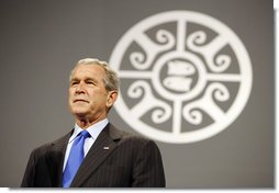 President George W. Bush is introduced Saturday, Nov. 22, 2008, to the APEC CEO Summit 2008 at the Ministry of Defense Convention Center in Lima, Peru.  White House photo by Eric Draper