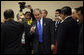 President George W. Bush lifts his glass during a toast given Saturday, Nov. 22, 2008, by Peru's President Alan Garcia during the Leaders Dialogue with APEC Business Advisory Council at the Ministry of Defense Convention Center in Lima, Peru. White House photo by Eric Draper