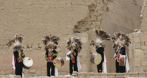 Greeters in traditional clothing welcome the APEC spouses to the Pachacamac Archaeological Site in Lurin, Peru, Saturday, Nov. 22, 2008, during the APEC spouses program. The site is home to the temples of the deity, Pachacamac, who was adored by Andean civilizations as the creator of the universe. Pachacamac means: "He who enlivens the universe." White House photo by Joyce N. Boghosian