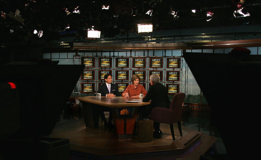 Mrs. Laura Bush talks with NBC host Tom Brokaw for the Sunday, Nov. 30, 2008, edition of "Meet the Press" at the NBC studios in Washington, D.C. The two are joined by Said T. Jawad, Afghanistan’s Ambassador to the United States, as they discuss progress in Afghanistan. White House photo by Joyce N. Boghosian