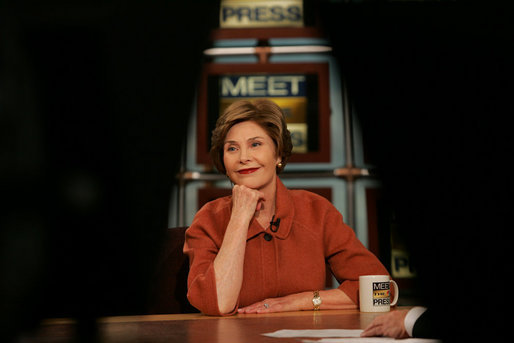 Mrs. Laura Bush is framed by equipment on the set of "Meet the Press" as she joins NBC host Tom Brokaw for the Sunday, Nov. 30, 2008, edition of the weekly TV show at the NBC studios in Washington, D.C. White House photo by Joyce N. Boghosian