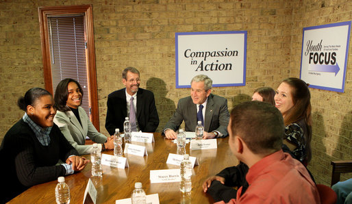 President George W. Bush participates in a roundtable on mentoring children of prisoners initiative Tuesday, Dec. 2, 2008, at the Youth Focus, Inc., in Greensboro, N.C., where President Bush praised the Youth Focus program for their work in helping youngsters toward a brighter future. White House photo by Chris Greenberg