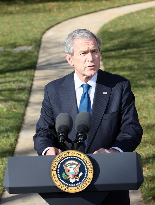 President George W. Bush delivers his remarks on the economy from the south driveway Friday, Dec. 5, 2008, at the White House. President Bush stated during his remarks, "We're working with the Federal Reserve and FDIC, and credit is beginning to move. A market that was frozen is thawing. There's still more work to do. But there are some encouraging signs." White House photo by Chris Greenberg