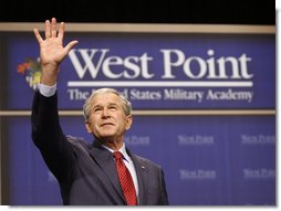 President George W. Bush waves to cadets as he concludes his remarks Tuesday, Dec. 9, 2008, at the United States Military Academy in West Point, N.Y.  White House photo by Eric Draper