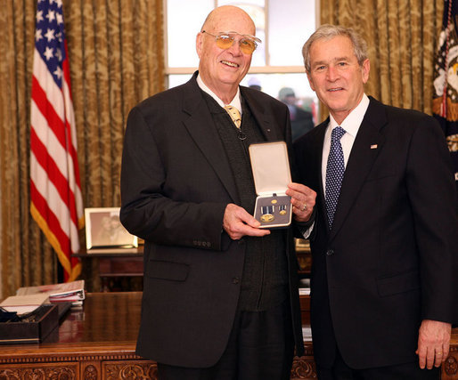 President George W. Bush stands with Forrest M. Bird after presenting him with the 2008 Presidential Citizens Medal Wednesday, Dec. 10, 2008, in the Oval Office of the White House. White House photo by Chris Greenberg