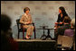 Mrs. Laura Bush is welcomed Wednesday, Dec. 10, 2008, to a question and answer session at the Council on Foreign Relations in New York City by moderator Kathryn "Kitty" Pilgrim, right, of CNN. Mrs. Bush delivered an opening statement on the 60th anniversary of the Universal Declaration of Human Rights and discussed the human rights of women. White House photo by Joyce N. Boghosian