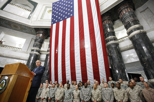 President George W. Bush addresses U.S.military and diplomatic personnel Sunday, Dec, 14, 2008, at the Al Faw Palace-Camp Victory in Baghdad, following his meetings with Iraqi leaders and the signing of strategic and security agreements. White House photo by Eric Draper