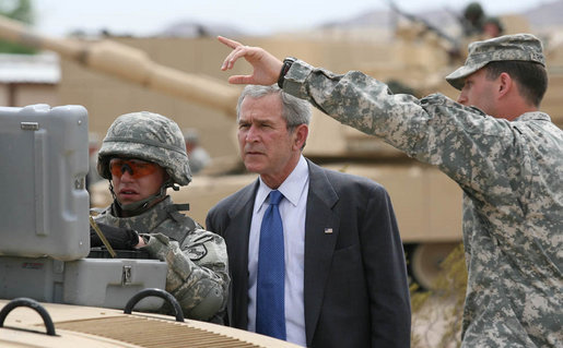 President George W. Bush participates in a demonstration at the U.S. Army National Training Center, April 4, 2007, at Fort Irwin, Calif. White House photo by Eric Draper