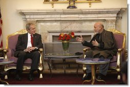 President George W. Bush meets with Afghanistan's President Hamid Karzai Monday, Dec. 15, 2008, at the presidential palace in Kabul.  White House photo by Eric Draper