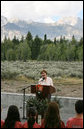 Mrs. Laura Bush speaks to Junior Ranger participants during her visit to Grand Teton National Park Aug. 27, 2007, in Moose, Wyo. White House photo by Shealah Craighead