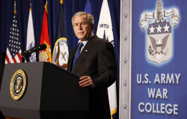 President George W. Bush addresses his remarks on national security, homeland security and the Freedom Agenda Wednesday, Dec. 17, 2008, at the U.S. Army War College in Carlisle, Pa. In his address President Bush said, "As President, I've had no higher responsibility than waging this struggle for the security and liberty of our people." White House photo by Chris Greenberg