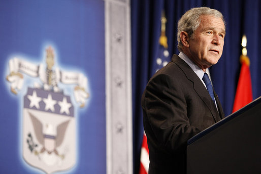 President George W. Bush addresses his remarks on national security, homeland security and the Freedom Agenda Wednesday, Dec. 17, 2008, at the U.S. Army War College in Carlisle, Pa. White House photo by Chris Greenberg
