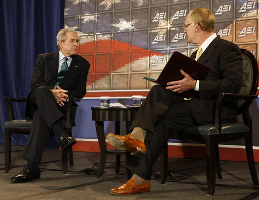 President George W. Bush participates in a question-and-answer session with Chris DeMuth, President of the American Enterprise Institute, Thursday, Dec. 18, 2008, at the Renaissance Mayflower Hotel in Washington, D.C. White House photo by Chris Greenberg