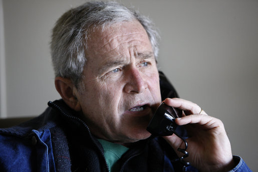 President George W. Bush speaks on the phone with Palestinian Authority Prime Minister Salam Fayyad from his office Tuesday, Dec. 30, 2008, at the ranch in Crawford, Texas, discussing ways to stop the violence in the Gaza Strip. White House photo by Eric Draper