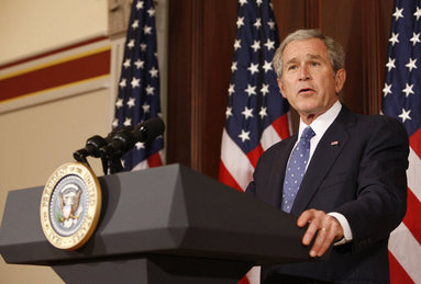 President George W. Bush delivers remarks on Conservation and the Environment Tuesday, Jan. 6, 2009, at the Dwight D. Eisenhower Executive Office Building in Washington, D.C. Said the President, "We have pioneered a new model of cooperative conservation in which government and private citizens and environmental advocates work together to achieve common goals. And while there's a lot more work to be done, we have done our part to leave behind a cleaner and healthier and better world for those who follow us on this Earth." White House photo by Chris Greenberg