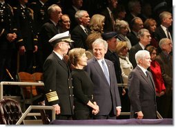 President George W. Bush and Mrs. Laura Bush participate in a military appreciation Tuesday, Jan. 6, 2009, at Ft. Myer, Va., in honor of the President's tenure as Commander-in-Chief. The First Couple was honored for their outstanding public service by the Department of Defense.  White House photo by Joyce N. Boghosian
