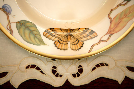 The rim of the Magnolia Residence China, which was unveiled Wednesday, Jan. 7, 2009, by Mrs. Laura Bush at the White House, has a varied and detailed pattern from nature. There are 75 place settings of the service which were purchased by the White House Historical Association through the George W. Bush Redecoration Fund. This new china, which was designed in Virginia and hand painted in Hungary, will be used in the private Residence. White House photo by Shealah Craighead