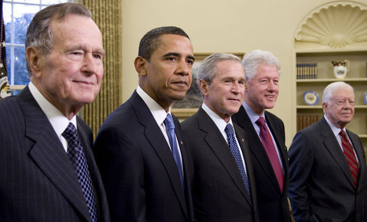 President George W. Bush meets with former Presidents George H.W. Bush, Bill Clinton and Jimmy Carter and President-elect Barack Obama Wednesday, Jan. 7, 2009 in the Oval Office of the White House. White House photo by Joyce N. Boghosian