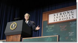 President George W. Bush gestures as he addresses his remarks Thursday, Jan. 8, 2008 at the General Philip Kearny School in Philadelphia, in support of the No Child Left Behind Act, urging Congress to strenghten and reauthorize the legislation. White House photo by Chris Greenberg