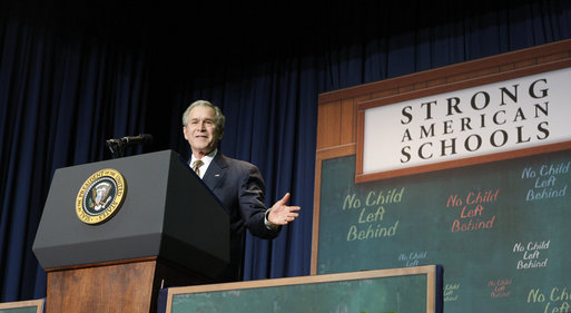 President George W. Bush gestures as he addresses his remarks Thursday, Jan. 8, 2009 at the General Philip Kearny School in Philadelphia, in support of the No Child Left Behind Act, urging Congress to strengthen and reauthorize the legislation. White House photo by Chris Greenberg