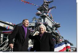 Former President George H. W. Bush and Mrs. Barbara Bush prepare to leave the USS George H. W. Bush (CVN 77) aircraft carrier Saturday, Jan 10, 2009 in Norfolk, Va., following the commissioning ceremony for the ship named in his honor. White House photo by Joyce N. Boghosian