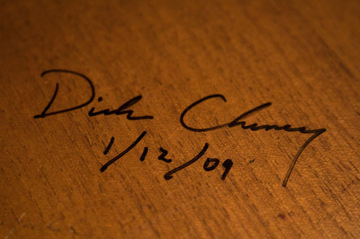 The signature of Vice President Dick Cheney is seen Monday, Jan. 12, 2009, in the top drawer of his desk in the Vice President's Ceremonial Office Monday, Jan. 12, 2009, at the Eisenhower Executive Office Building in Washington, D.C. The desk, constructed in 1902 and first used by President Theodore Roosevelt, has been signed by various presidents and vice presidents since the 1940s. White House photo by David Bohrer