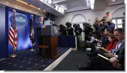 President George W. Bush responds to questions Monday, Jan. 12, 2009, during his final press conference in the James S. Brady Press Briefing Room of the White House. White House photo by Chris Greenberg