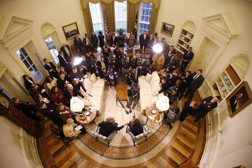 President George W. Bush welcomes Mexico's President Felipe Calderon to the Oval Office at the White House, seen in this remote camera view, Tuesday, Jan. 13, 2008, during their joint press availability. White House photo by Eric Draper