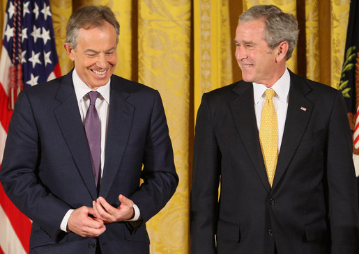 President George W. Bush stands with former Prime Minister Tony Blair of the United Kingdom as they listen to a citation honoring Mr. Blair as recipient of the 2009 Presidential Medal of Freedom. The presentation, held Tuesday, Jan. 13, 2009, in the East Room of the White House, will be the last such presentation by President Bush during his administration. White House photo by Chris Greenberg