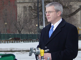 Picture of OMB Director Bolten discussing the FY 2005 Budget with TV reportors at the White House